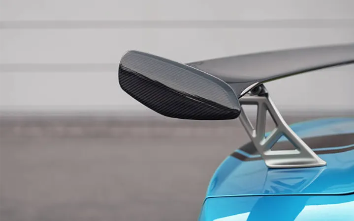 Carbon fiber spoiler on the trunk blue sportscar