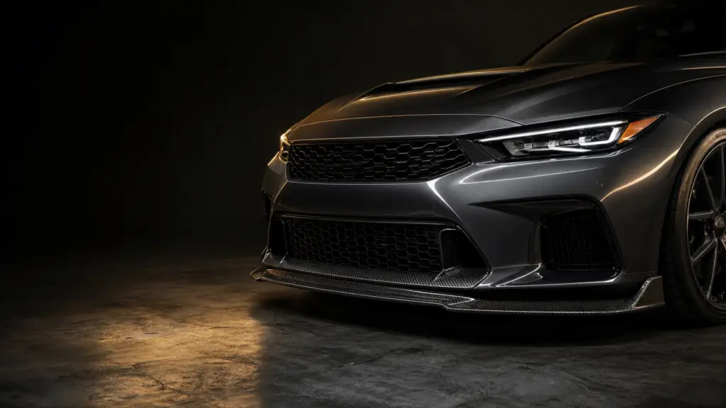 Carbon fiber front lip and splitter installed on vehicle