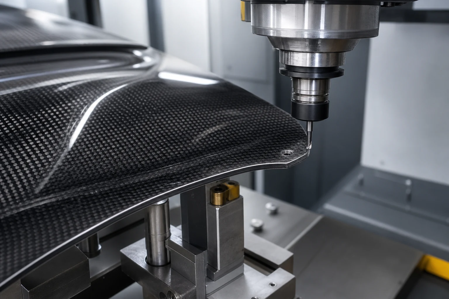 CNC precision cutting of carbon fiber hood edge