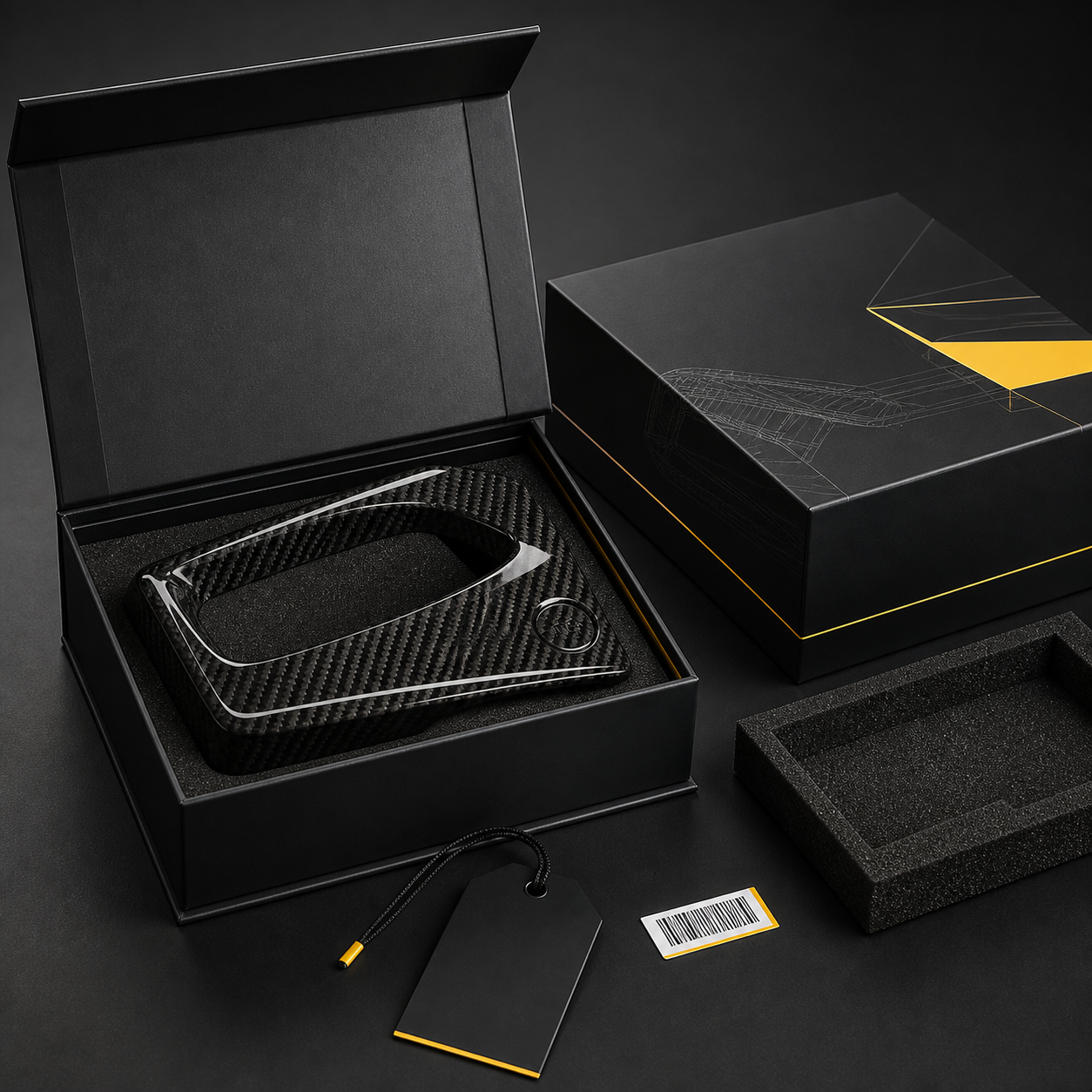 Premium retail-ready packaging with a carbon fiber automotive part, custom box, hang tag, and barcode label