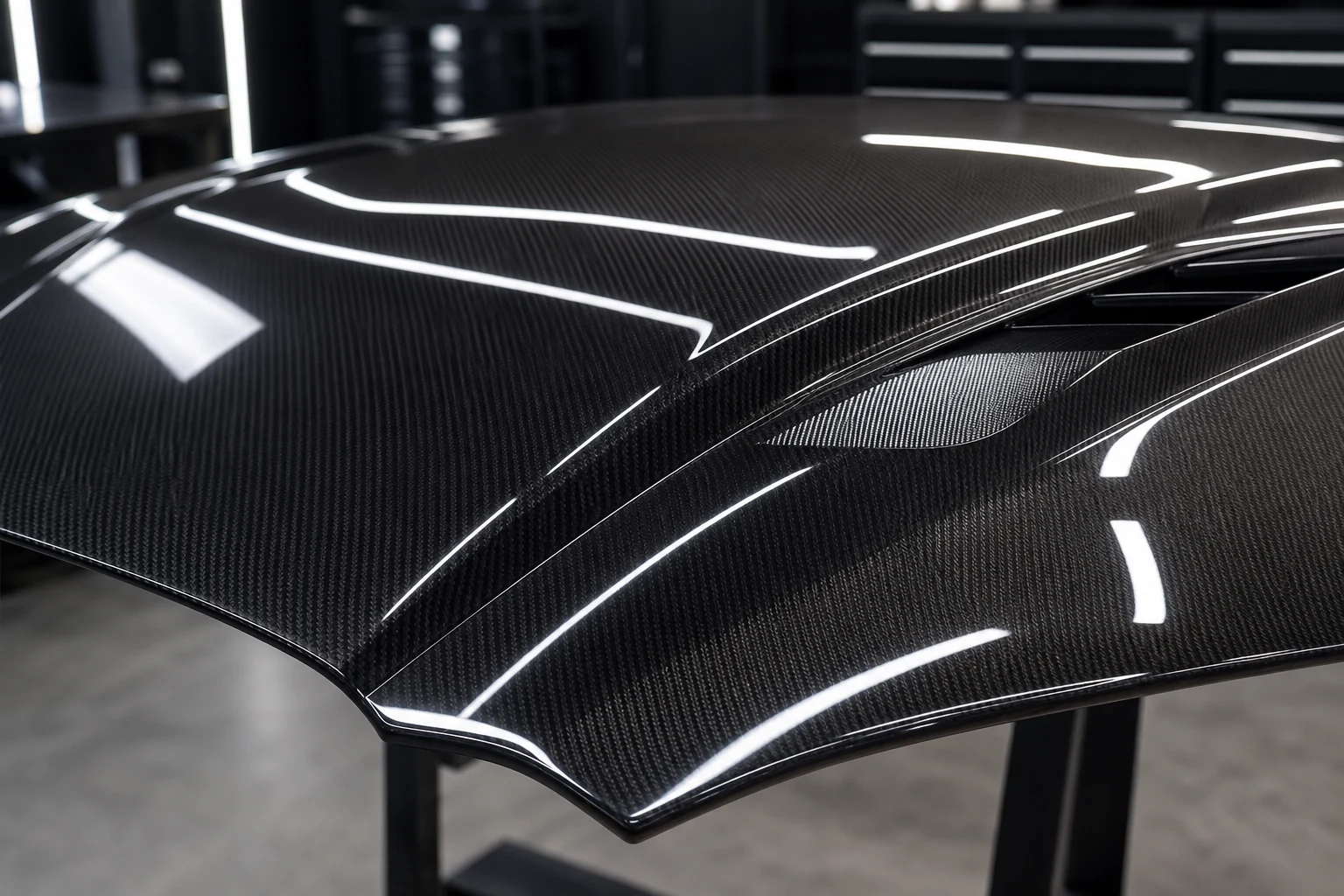 UV-clear coat polished finish on carbon fiber hood
